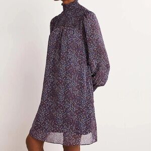 Boden Sz 4 R blue floral print smocked Yoke metallic thread dress‎